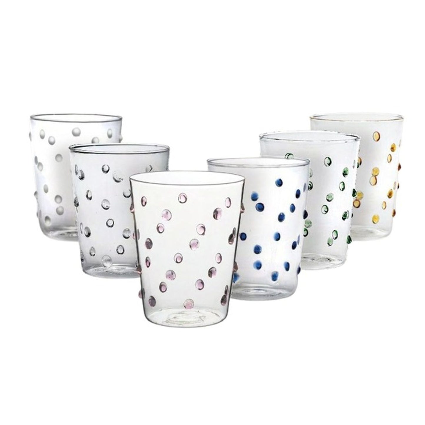Gusto Buono 13.5oz Borosilicate Water Glass wtih Assorted Dot Colors, Set of 6, Designed in Italy