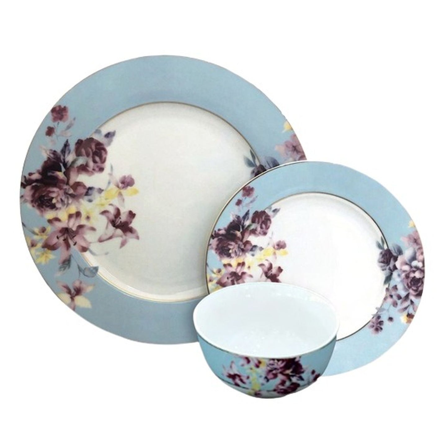 Gusto Buono Floral Porcelain 12-Piece Set, Designed in Italy, 4 Cereal Bowls (5.5), 4 Salad Plates (7.5), and 4 Dinner Plates (10.5), Blue