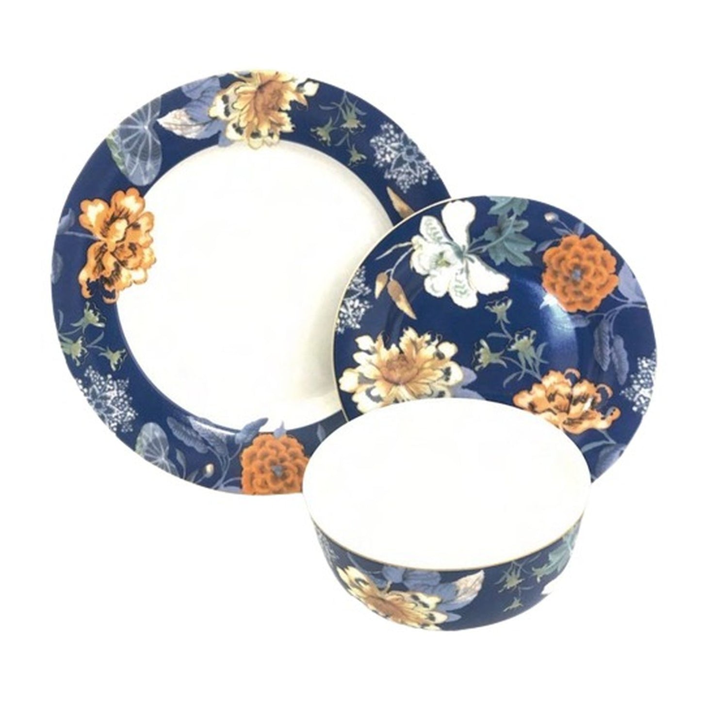 Gusto Buono Floral Porcelain 12-Piece Set, Designed in Italy, 4 Cereal Bowls (5.5), 4 Salad Plates (7.5), and 4 Dinner Plates (10.5), Blue
