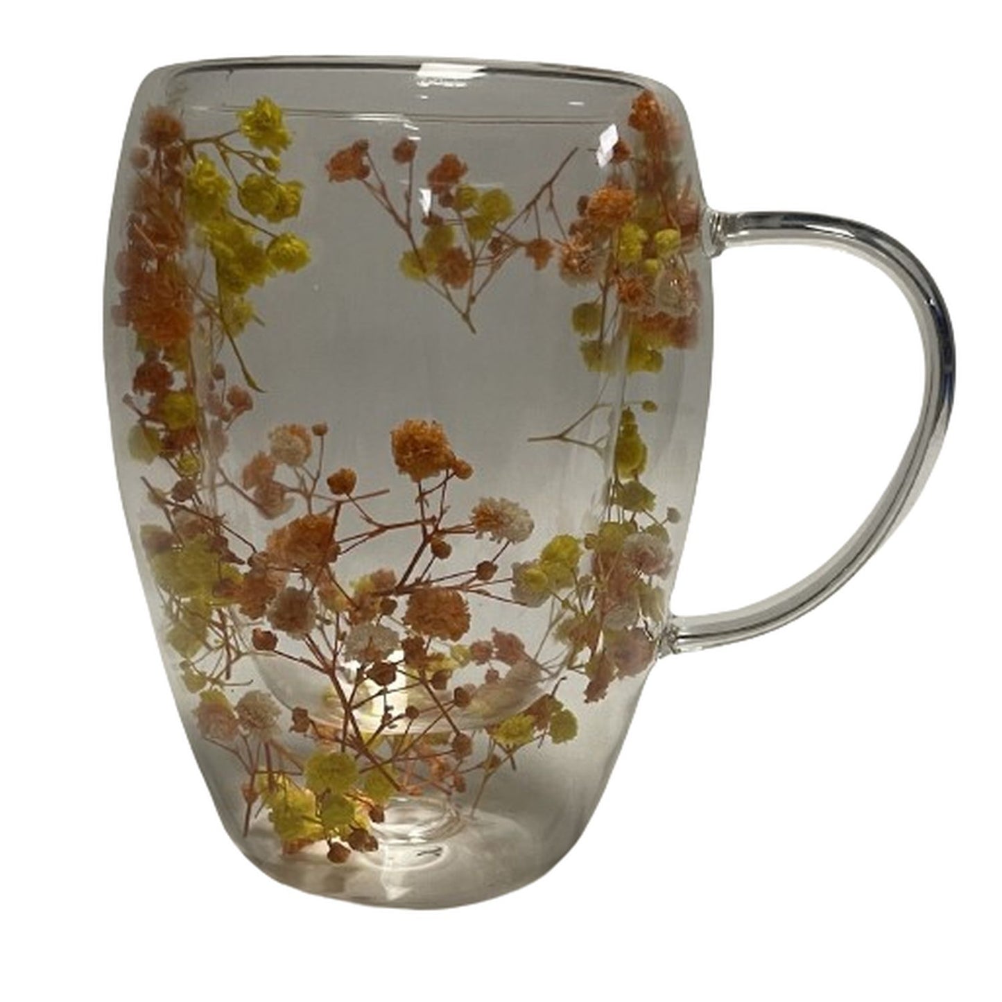 Gusto Buono 12cm Borosilicate Double Wall Mug 11.8oz with Orange/Yellow Dry Flowers, Set of 4