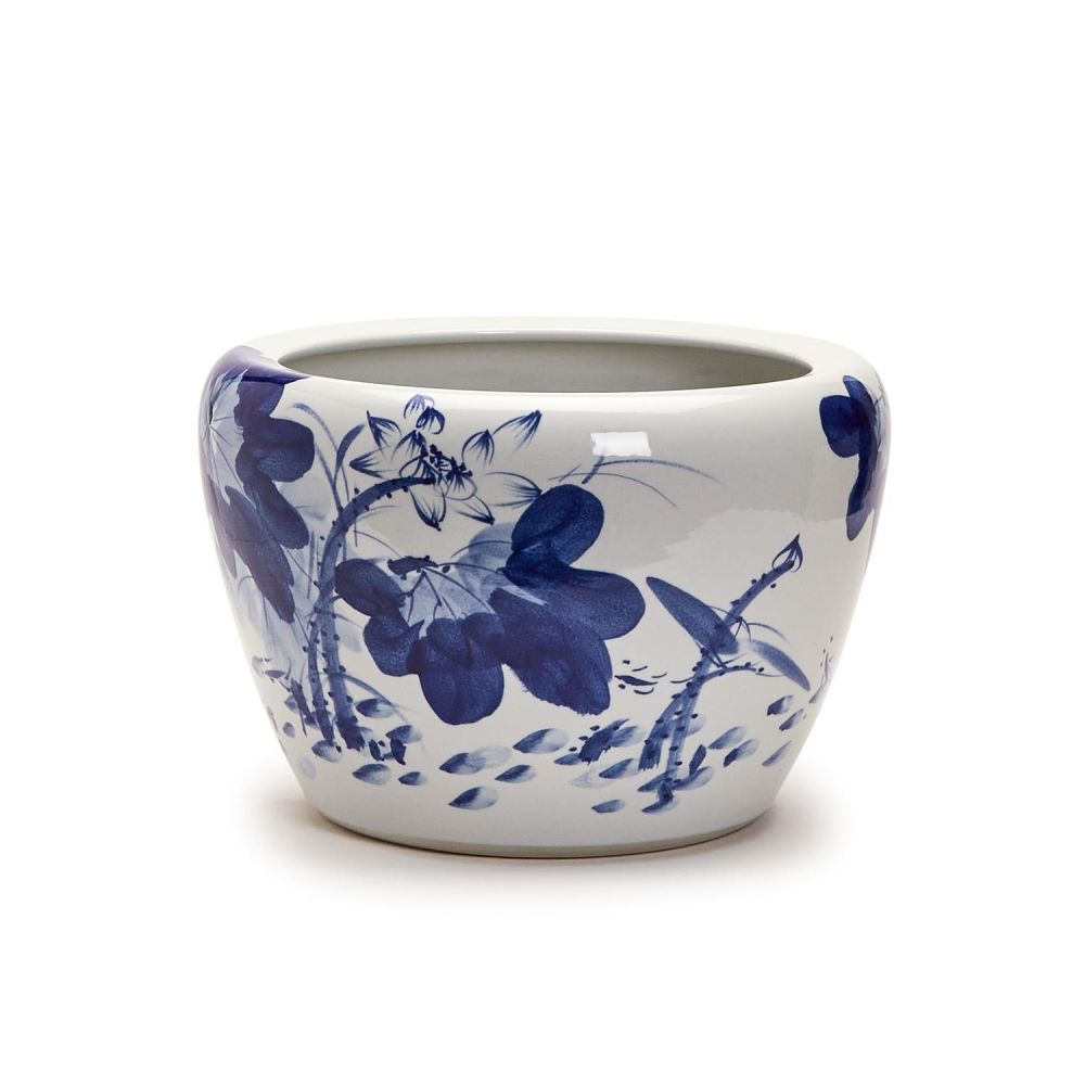 Two's Company Japanese Blue Flower Blossoms Planter- Hand-Painted Porcelain