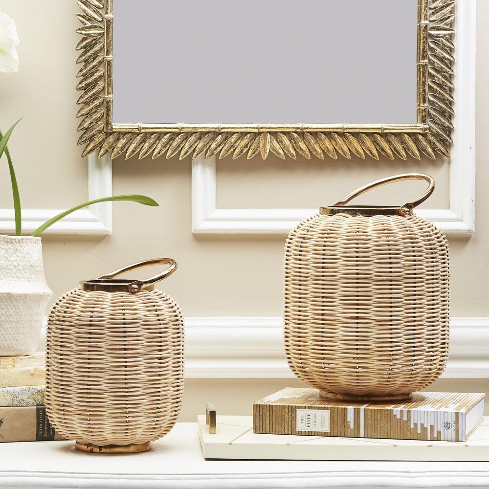 Two's Company Tozai Bali 12.75 inches Woven Cane Lantern With Metal Frame/Handle