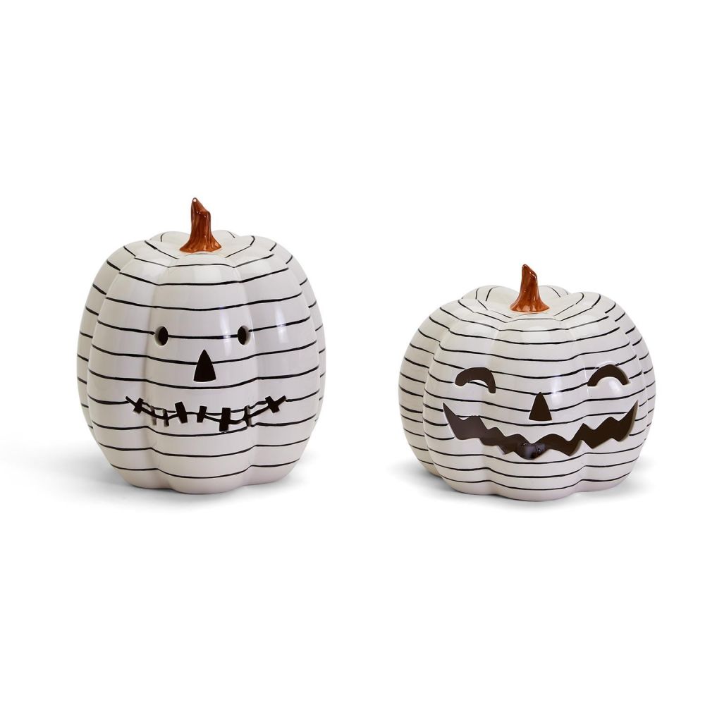 Two's Company Jack-o-Lantern Set of 2 Stripped LED Pumpkins.