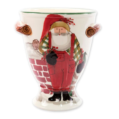 Vietri Old St. Nick Footed Urn w/ Chimney & Stockings, 9"D Earthenware Planter