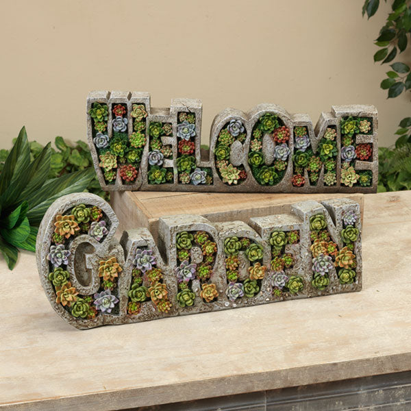 Gerson Companies 19.7"L Polyresin "Garden" and "Welcome" Sculpture Sign, 2 Asst