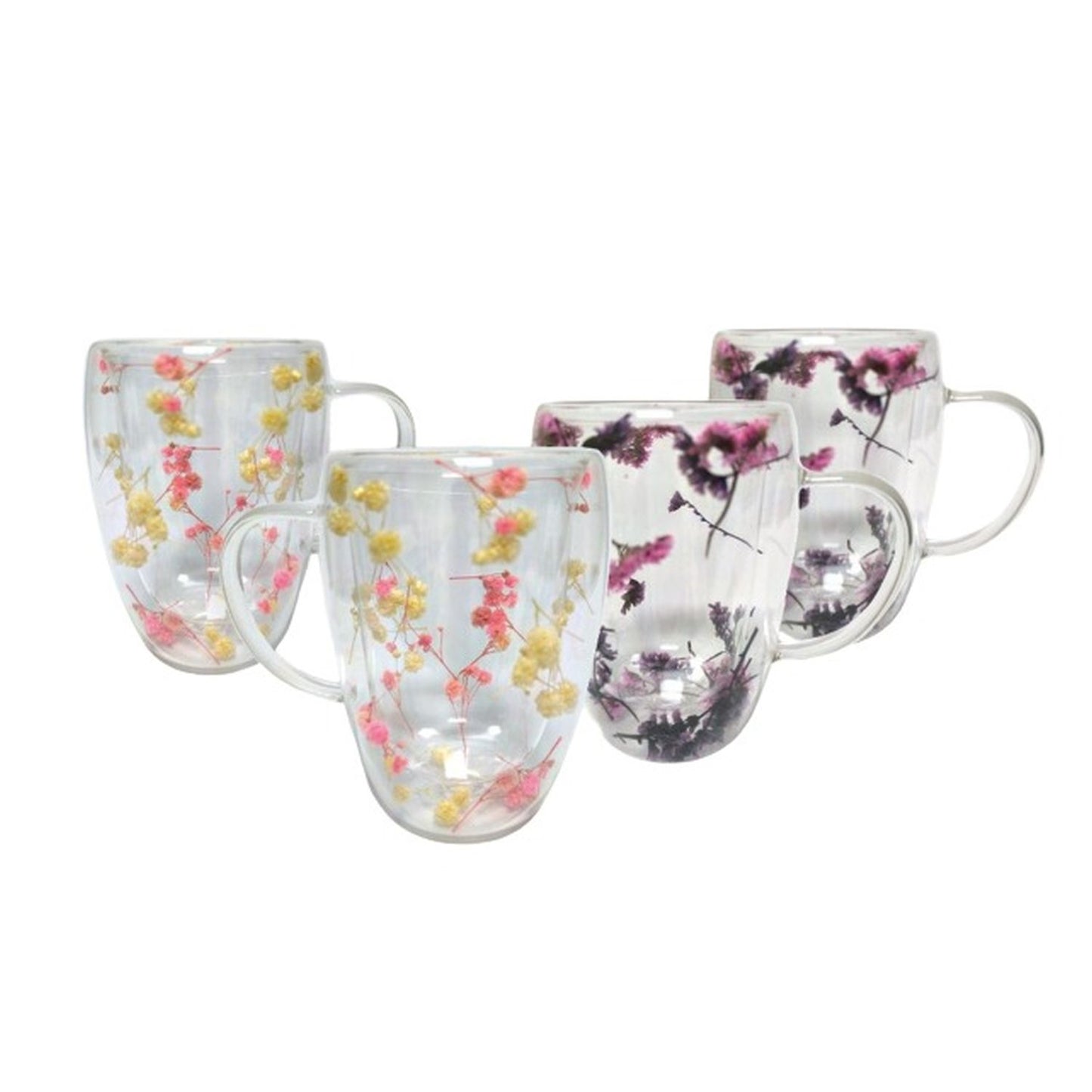 Gusto Buono 11oz Borosilicate Double Glass Mug, 2x Pink White and 2x Purple Dried Flowers, Set of 4, Designed in Italy