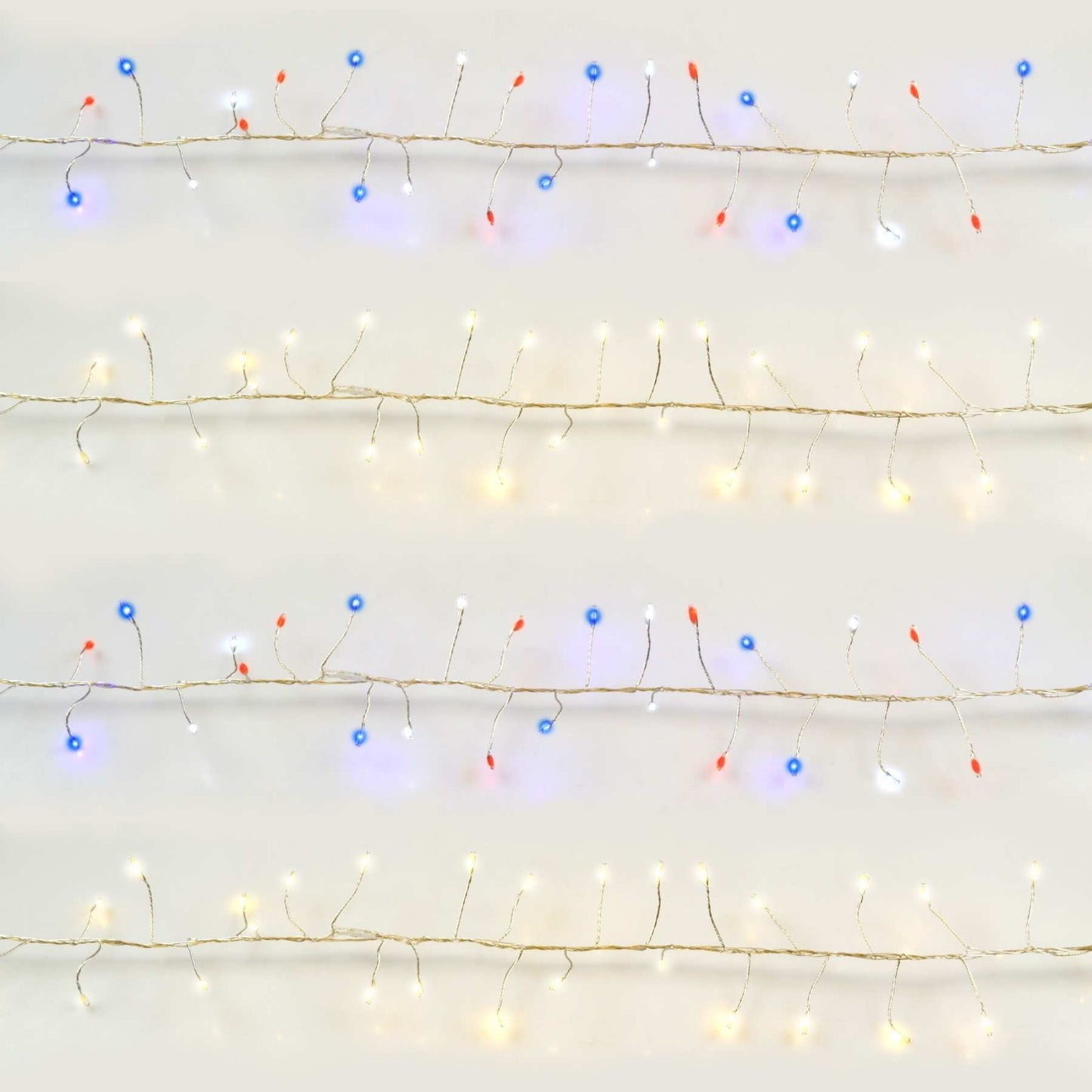 Holiday Bright Lights 150L Garden Lights Battery Operated Flickering Big Seed Cluster Light - Color Changing (Warm White to Patriotic) Silver Wire