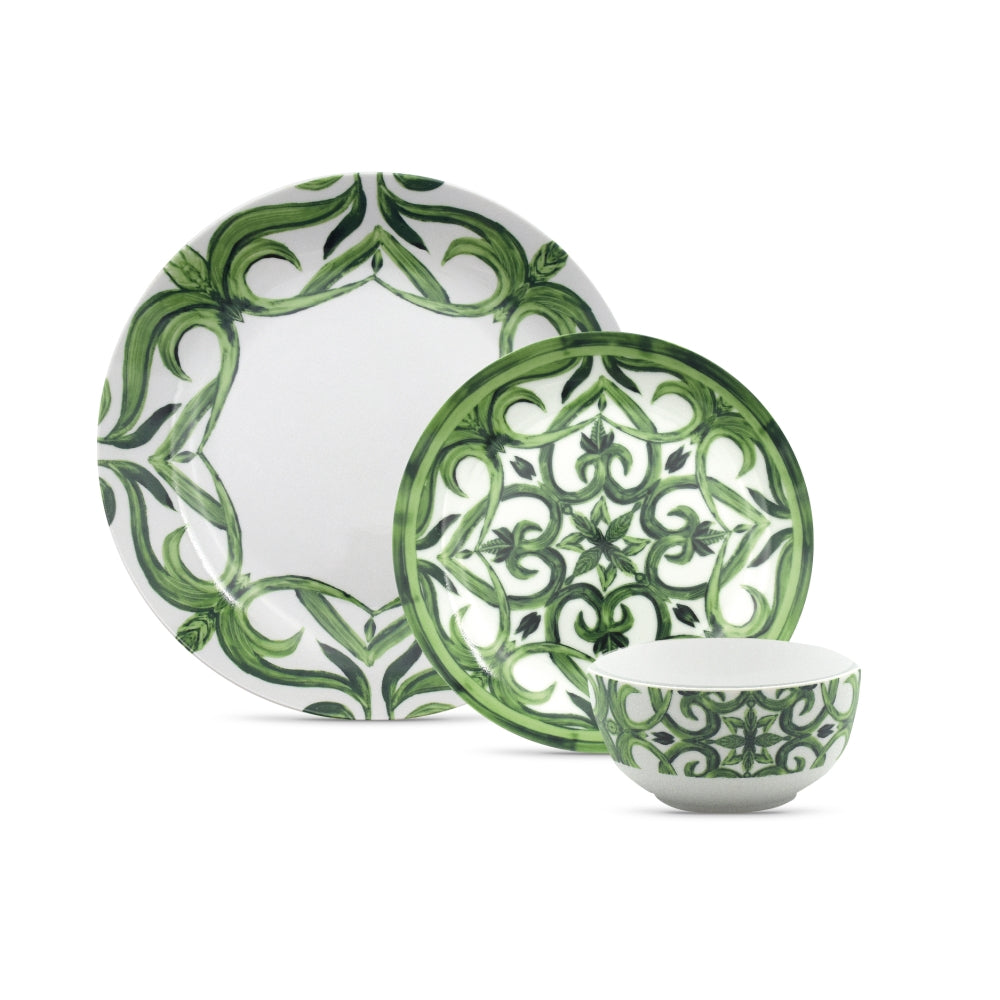 Gusto Buono Porcelain 12-Piece Dinner Set, 4 Cereal Bowls (5.5), 4 Salad Plates (7.5), and 4 Dinner Plates (10.5), Green Design