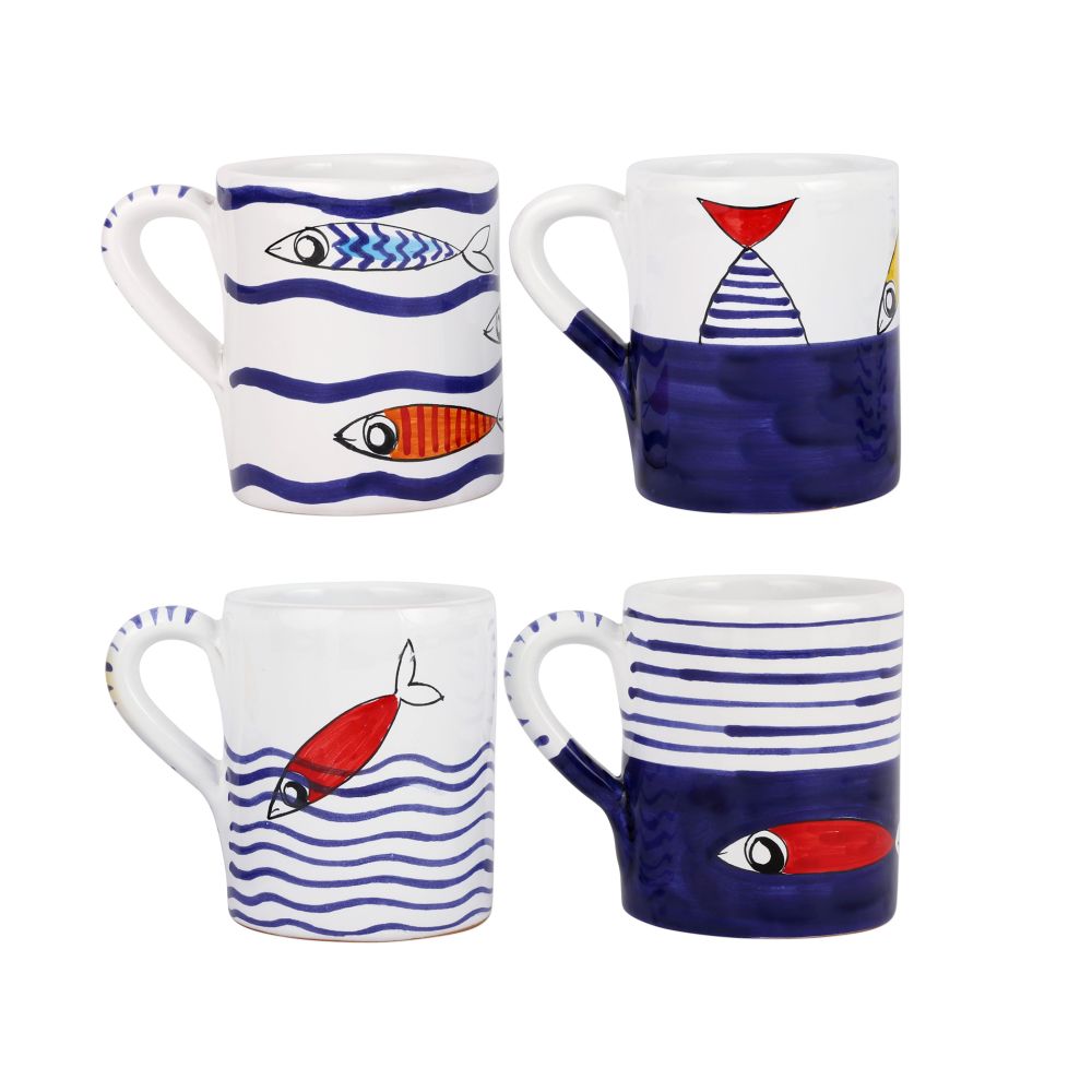 Vietri Pesce Pazzo Assorted Mugs - Set of 4 4"H Terra Cotta Ceramic Mugs