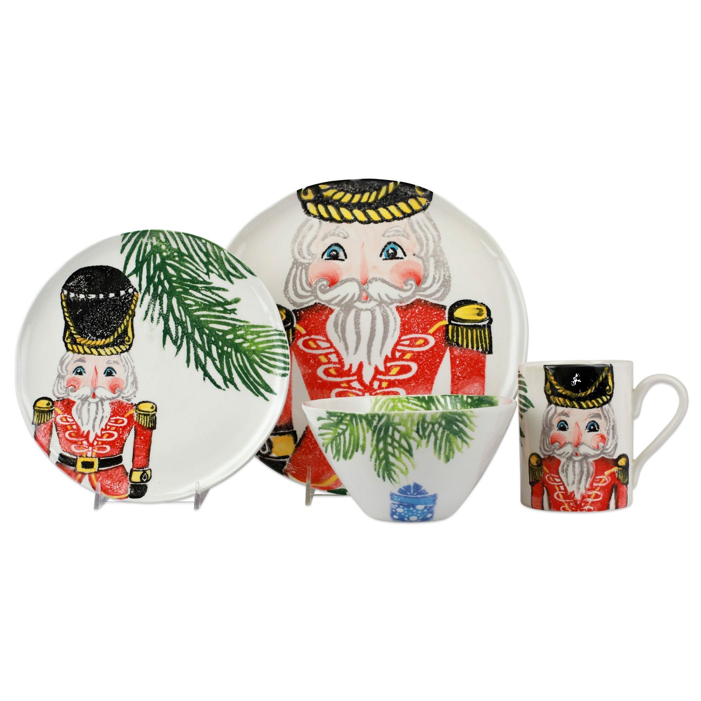 Vietri Nutcrackers Red 4-Pc Christmas Dinnerware Set, Ceramic Bowl Mug & Plates