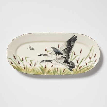 Vietri Wildlife Geese Small Oval Platter, Handmade Earthenware Serving Plate