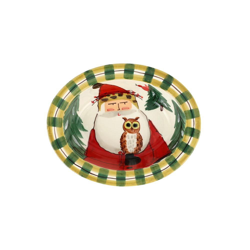 Vietri Old St. Nick Small Rimmed Oval Bowl with Owl, Artisan Earthenware Dish
