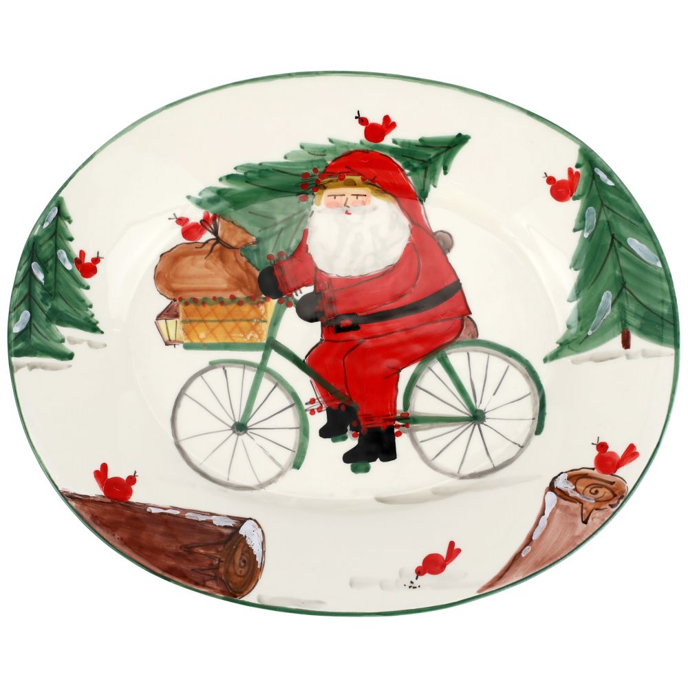 Vietri Old St. Nick Large Oval Platter w/ Bicycle, Handmade Earthenware Plate