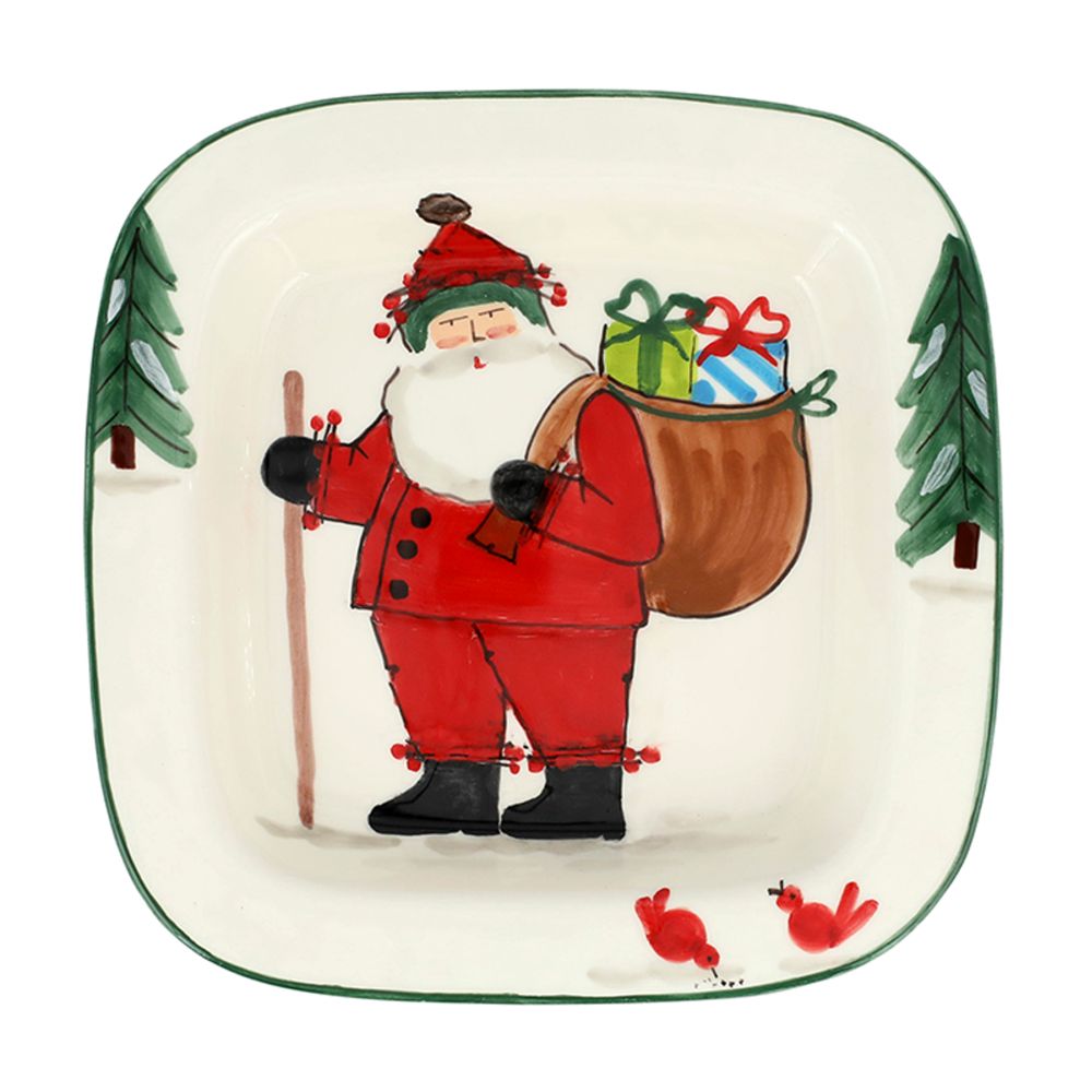Vietri Old St. Nick Small Rimmed Square Platter with Gifts, Handmade Earthenware