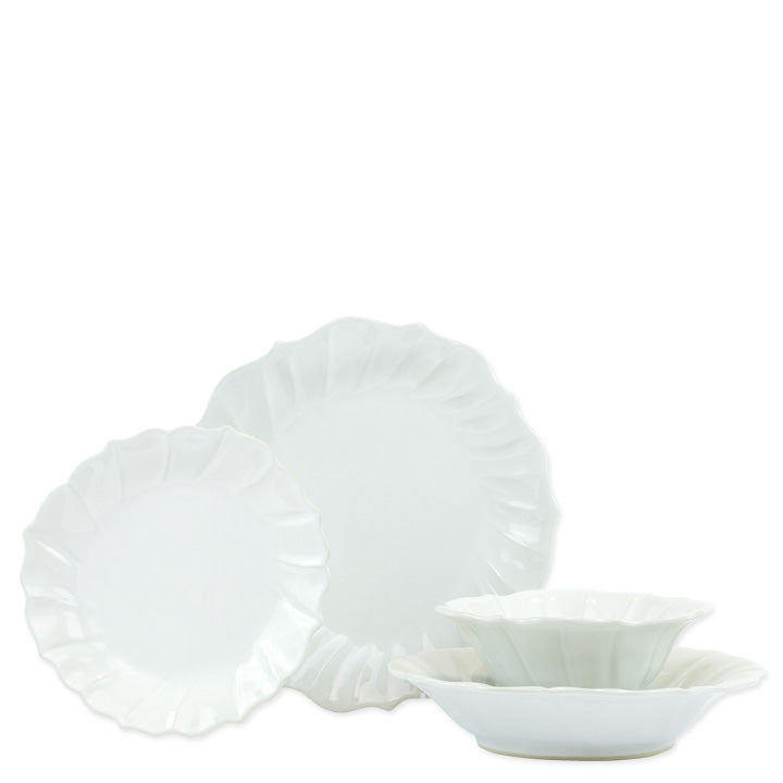 Vietri Incanto Stone White Ruffle 4-Pc Dinnerware Set - Stoneware Bowls & Plates