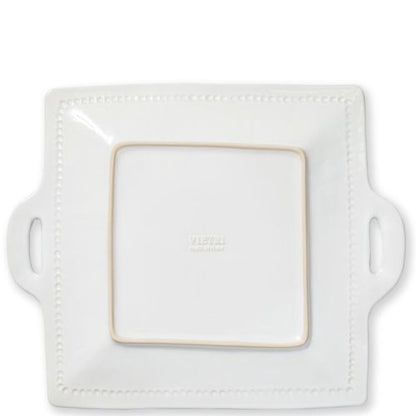 Vietri Incanto Stone White Stripe Handled Square Platter, Handmade Stoneware