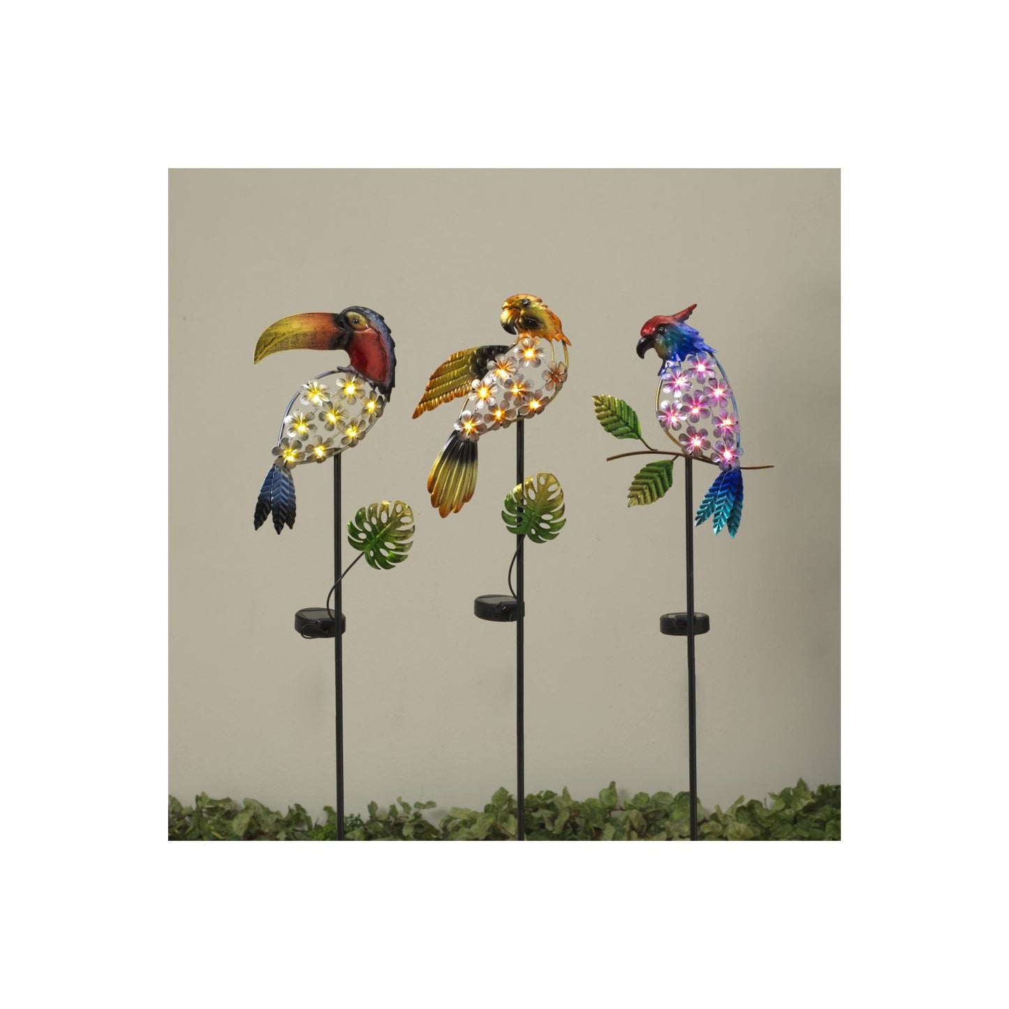 Gerson Company 31.8"H Solar Lighted Metal Bird Yard Stake, 3 Assorted