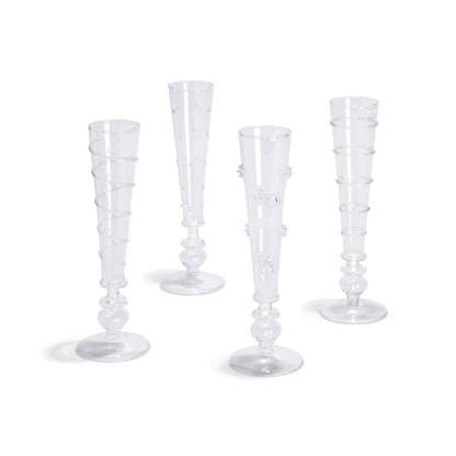 Verre Champagne Flute Set of 4 With Asst Designs: Flower, Spiral, Dots, Rings