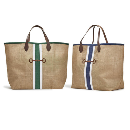 Horse Country Jute Tote With Genuine Leather Handles, Assorted 2 Stripe Colors.