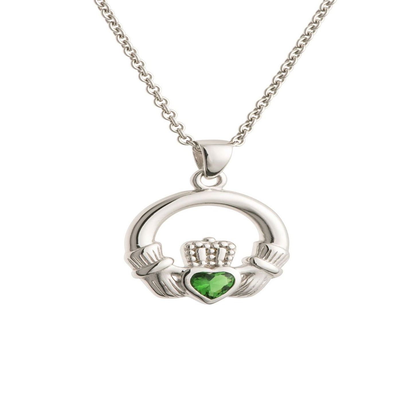 Galway Green Crystal Claddagh Pendant, 2.68 Gms - Rhodium Plated Sterling Silver