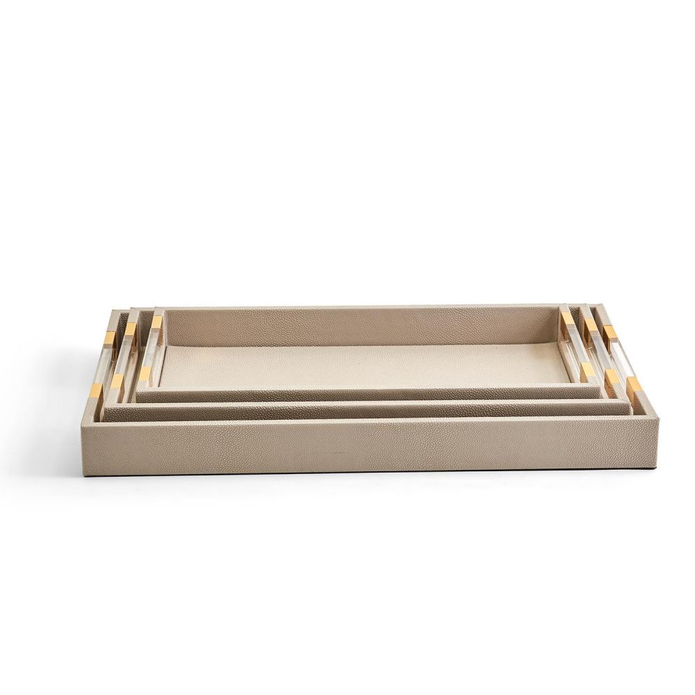 Two's Company Tozai Taupe Set of 3 Decorative Rectangle Trays w/ Acrylic Handle