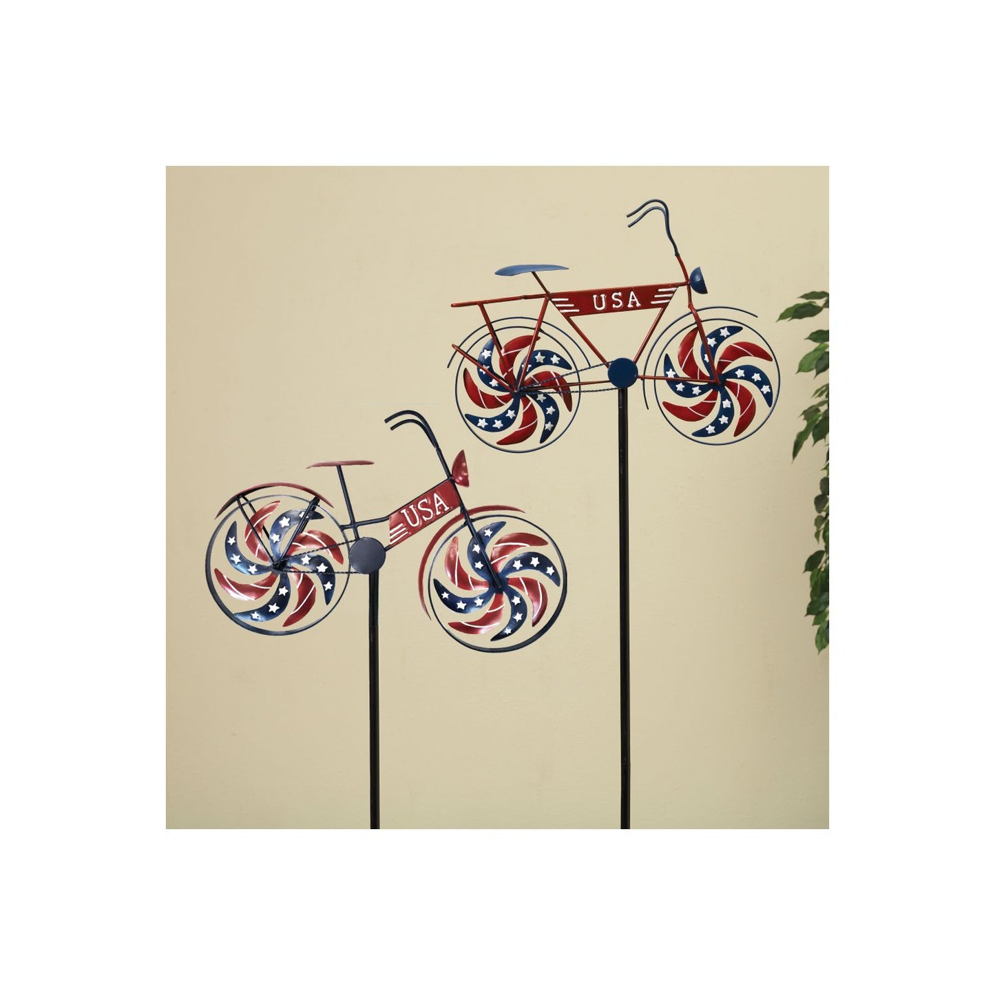 Gerson Company 47.6"H Metal Patriotic Bicycle Yard Stake W/ Wind Spinner, 2 Asst