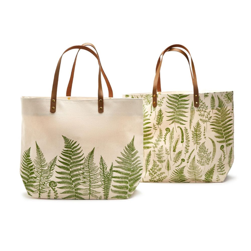 Two's Company Asst/2 Fanciful Fern Cotton Canvas Tote Bags with Leather Handles