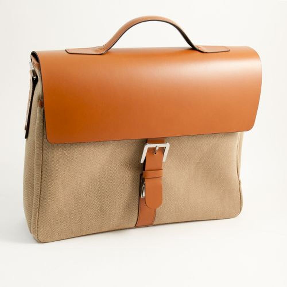 Bey Berk Saddle Leather & Khaki Fabric Briefcase