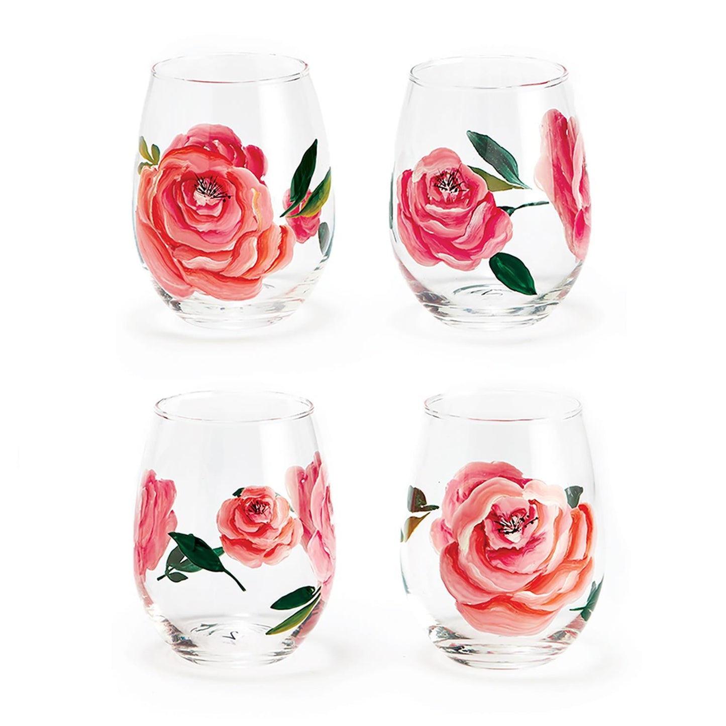 Two's Company In Full Bloom Roses Stemless Wine Glass, Set of 4, Hand-Painted