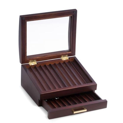 Walnut Wood 19 Pen Box With Glass Top, Drawer & Gold Accents