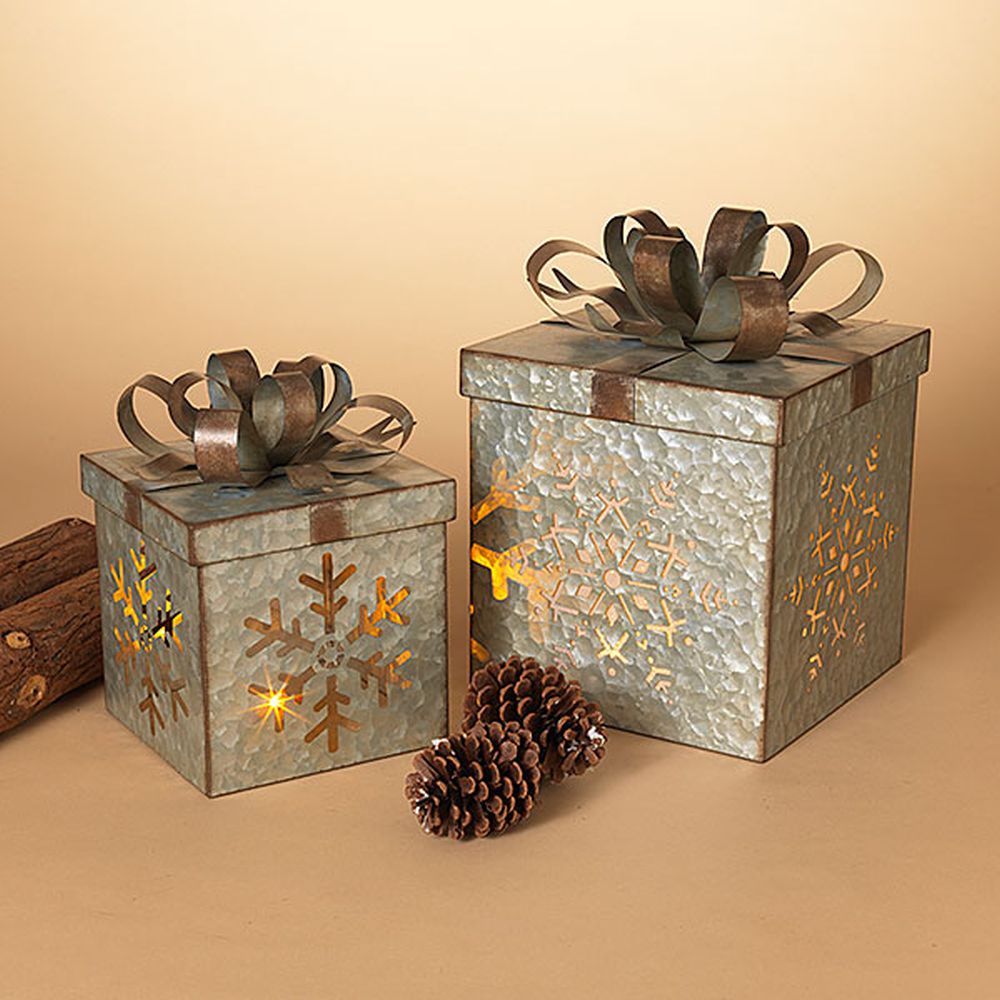 Gerson Set of 2 B/O Lighted Nesting Galvanized Metal Gift Boxes with Led Candle