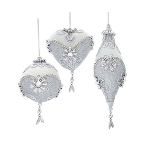 3-6" White and Silver Ball, Drop and Heart Ornaments, Set Of 3, Assortment