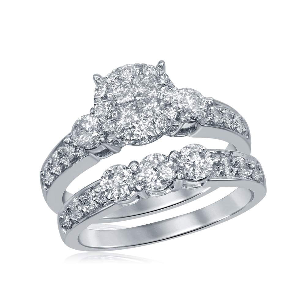 GND 14kt White Gold Princess Diamond Bridal Wedding Ring Band Set 1-1/2 Cttw