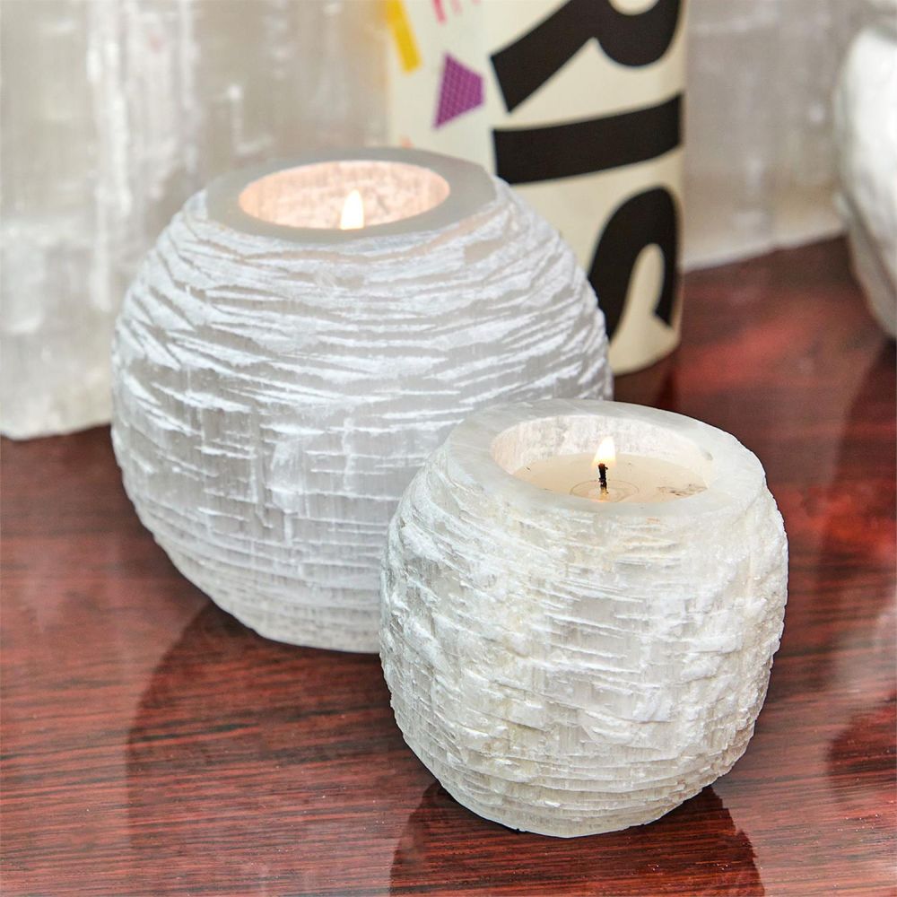 Two's Company Tozai Glaciers Set of 3 Selenite Crystal Sphere Candle Holder