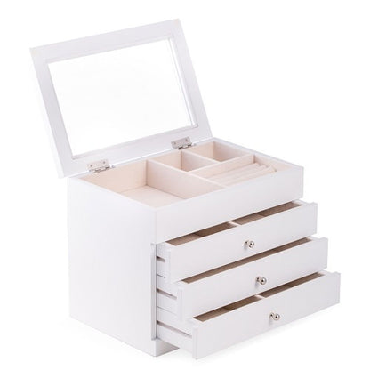 Bey Berk White Wood Jewelry Case With 3 Drawers & Glass Top
