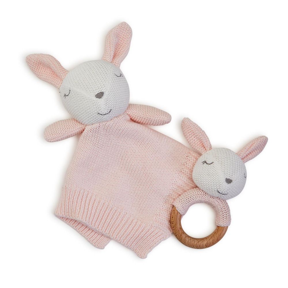 Two's Company Knitted Baby Bunny Snuggle And Rattle Set