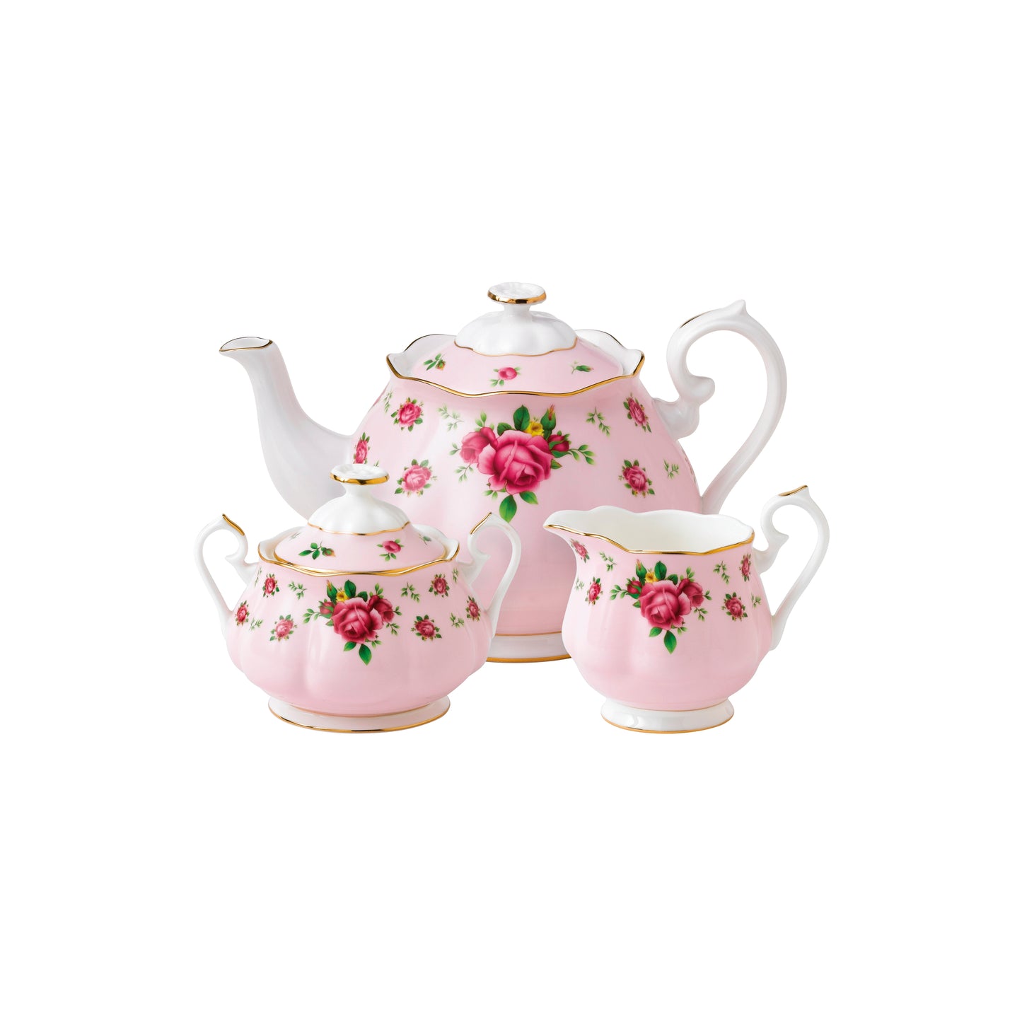 Royal Albert New Country Roses Pink Teapot, Sugar, Cream, 3 Piece Set