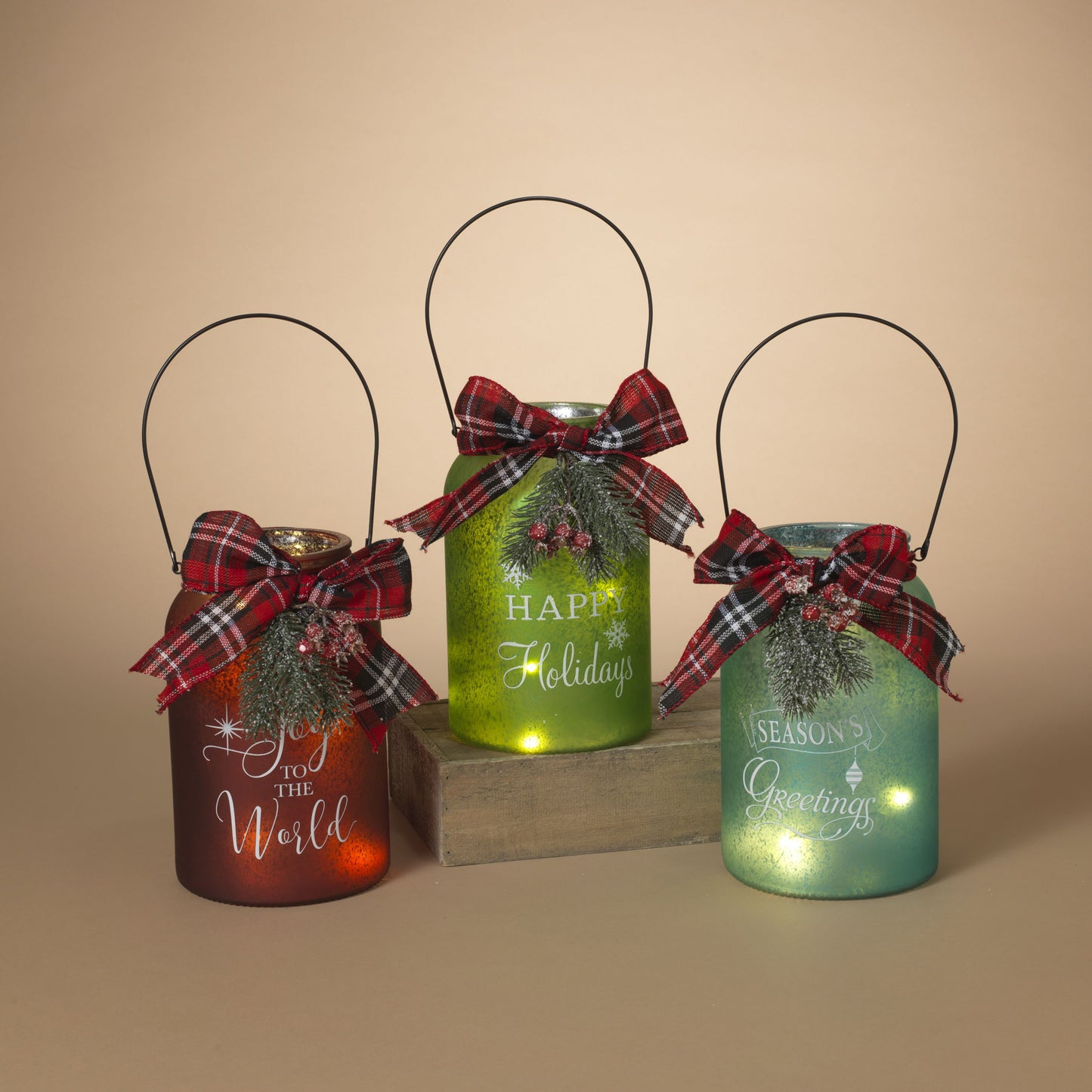 Gerson 10.2"H B/O Mercury Glass Christmas Jar W/ Bow & Berry Accent, 3 Asst