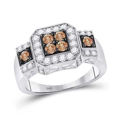 GND 14kt White Gold Womens Round Brown Diamond Cluster Ring 1 Cttw