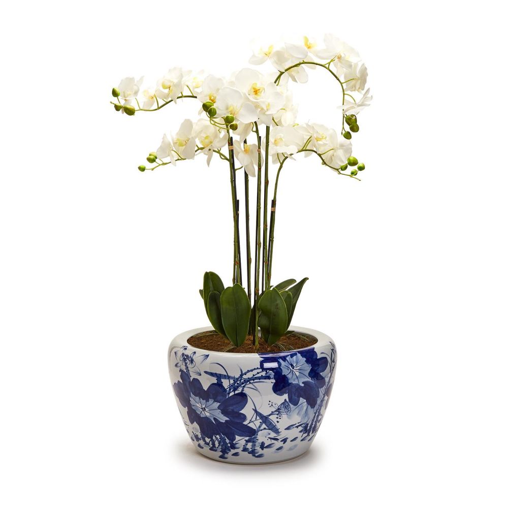 Two's Company Japanese Blue Flower Blossoms Planter- Hand-Painted Porcelain