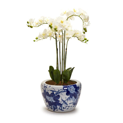 Two's Company Japanese Blue Flower Blossoms Planter- Hand-Painted Porcelain