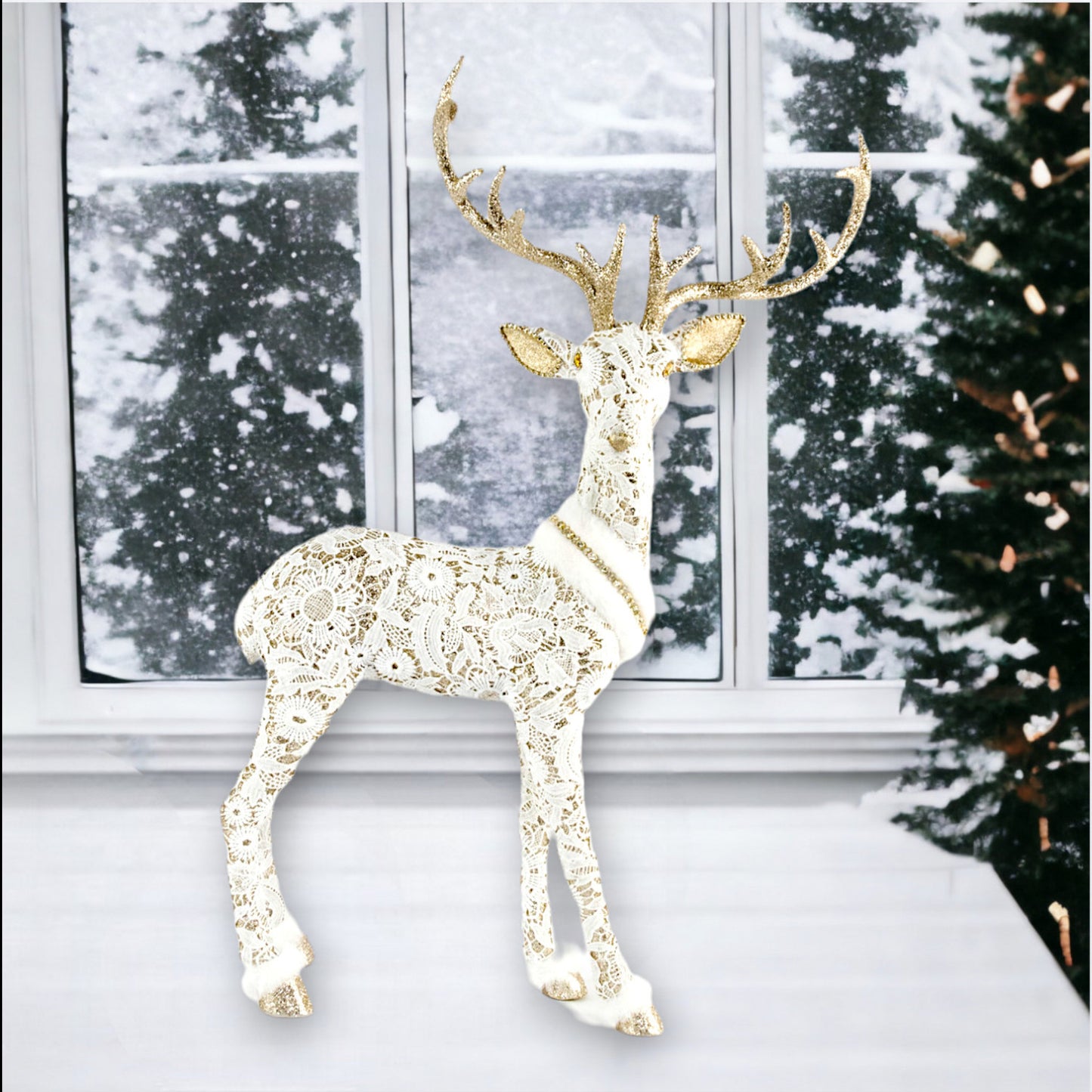 December Diamonds Winter Floral 29-Inch White & Gold Deer Standing