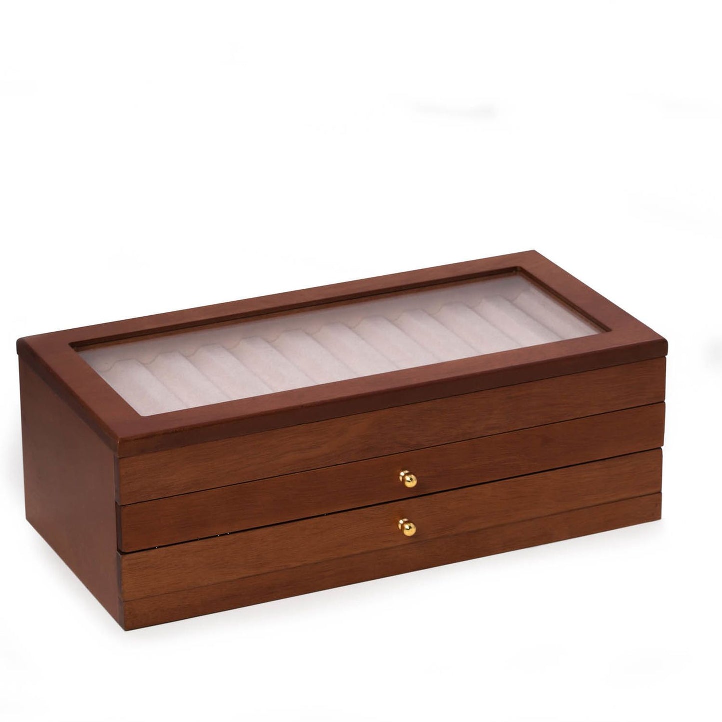 Three Level Cherry Wood 36 Pen Storage Case With Glass Top