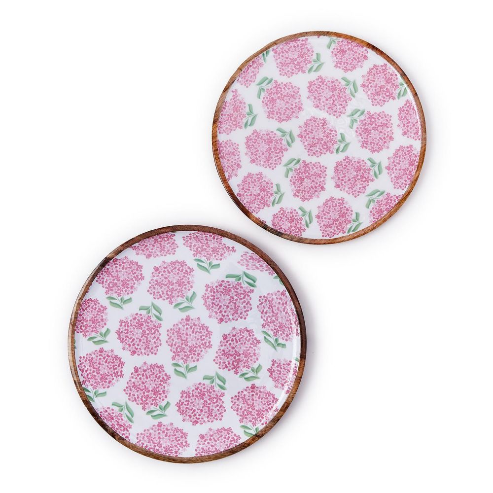Two's Company Pink Hydrangea Set of 2 Hand-Crafted Wood Round Tray