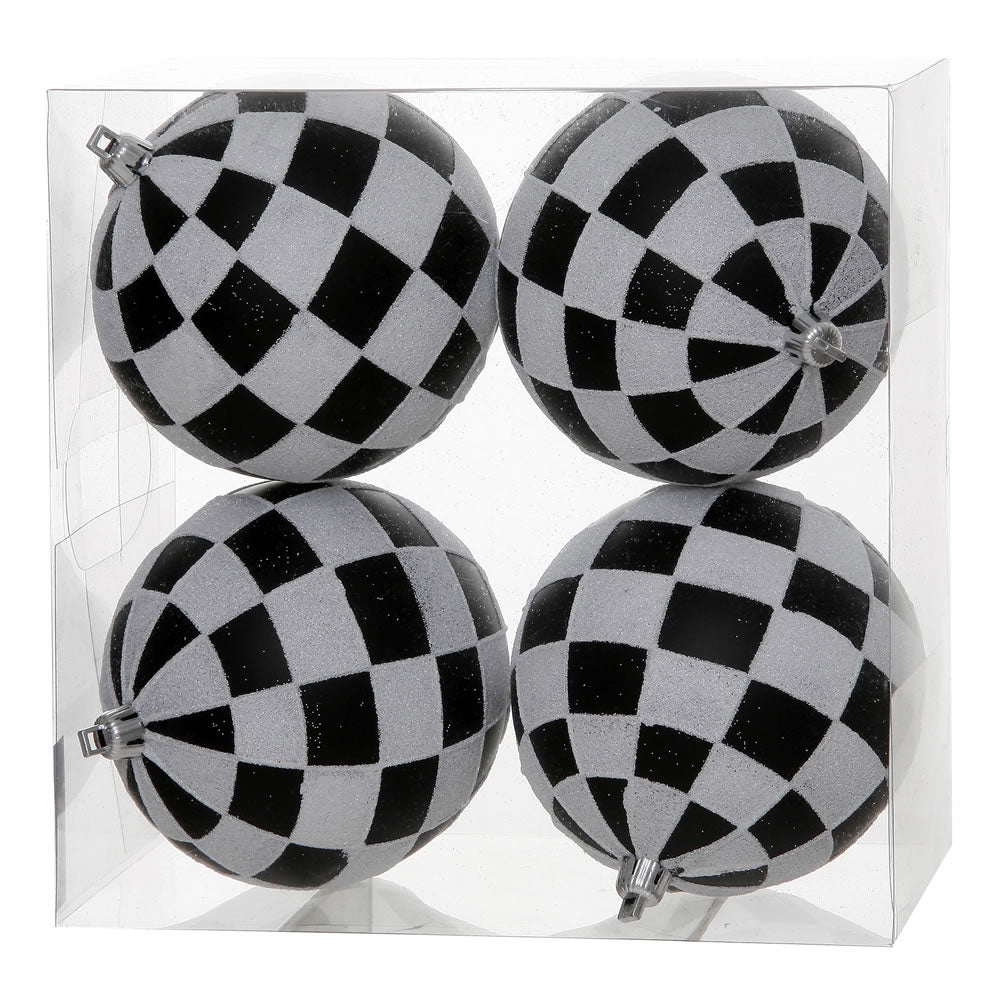 Vickerman 4" Black-White Checker Glitter Ball Christmas Ornament, 4 per Box