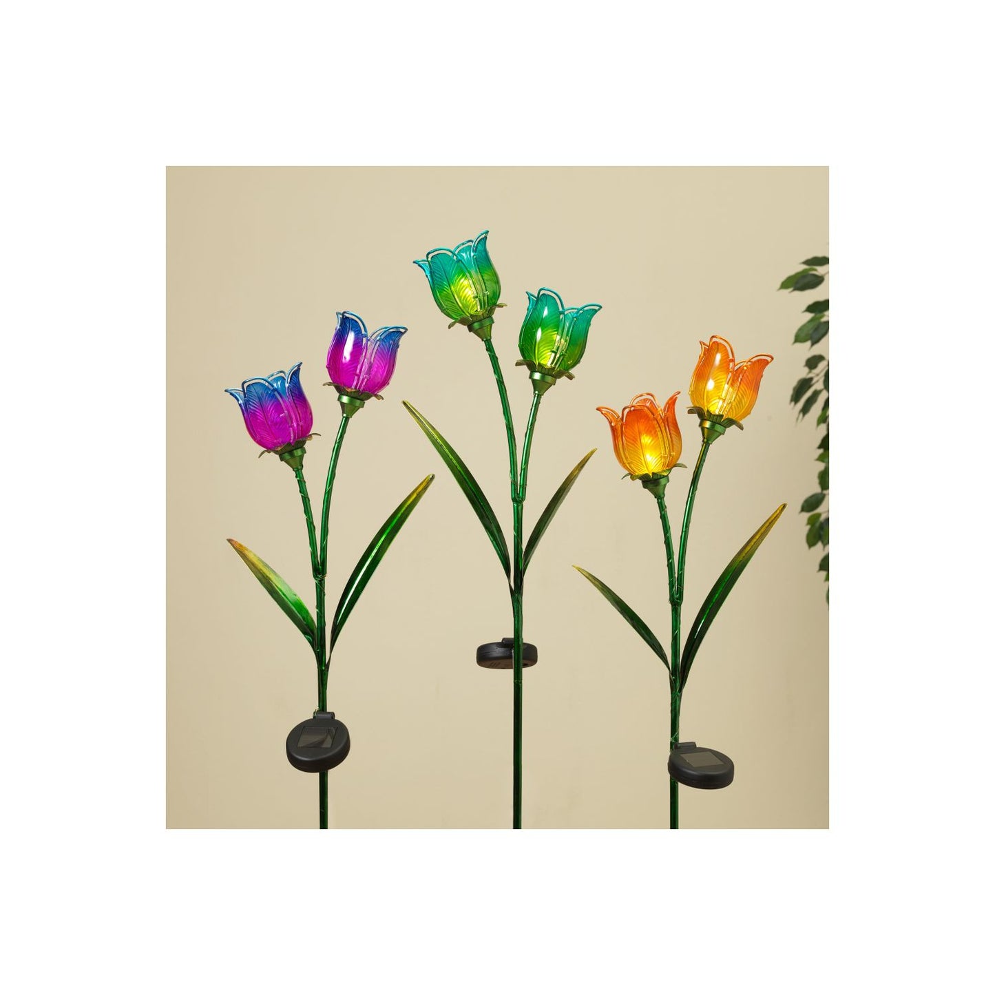 Gerson Company 47"H Solar Lighted Flower Yard Stake, 3 Assorted