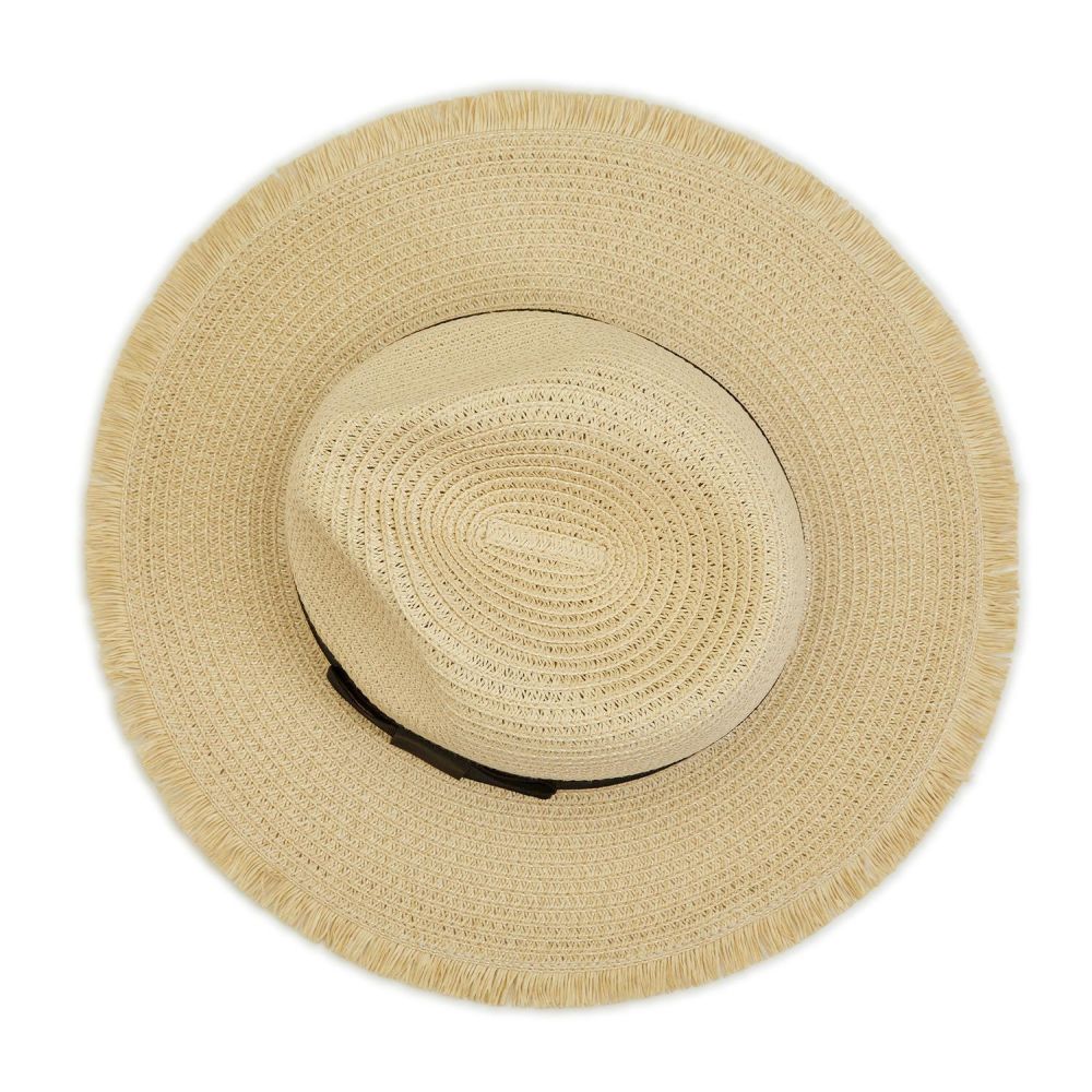 Two's Company Frayed Straw Hat with Black Grosgrain Ribbon