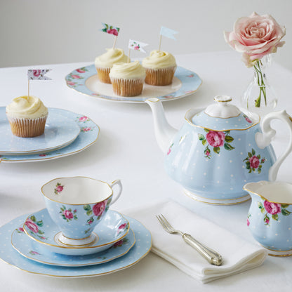 Royal Albert Polka Blue Teapot, Sugar, Cream, 3 Piece Set