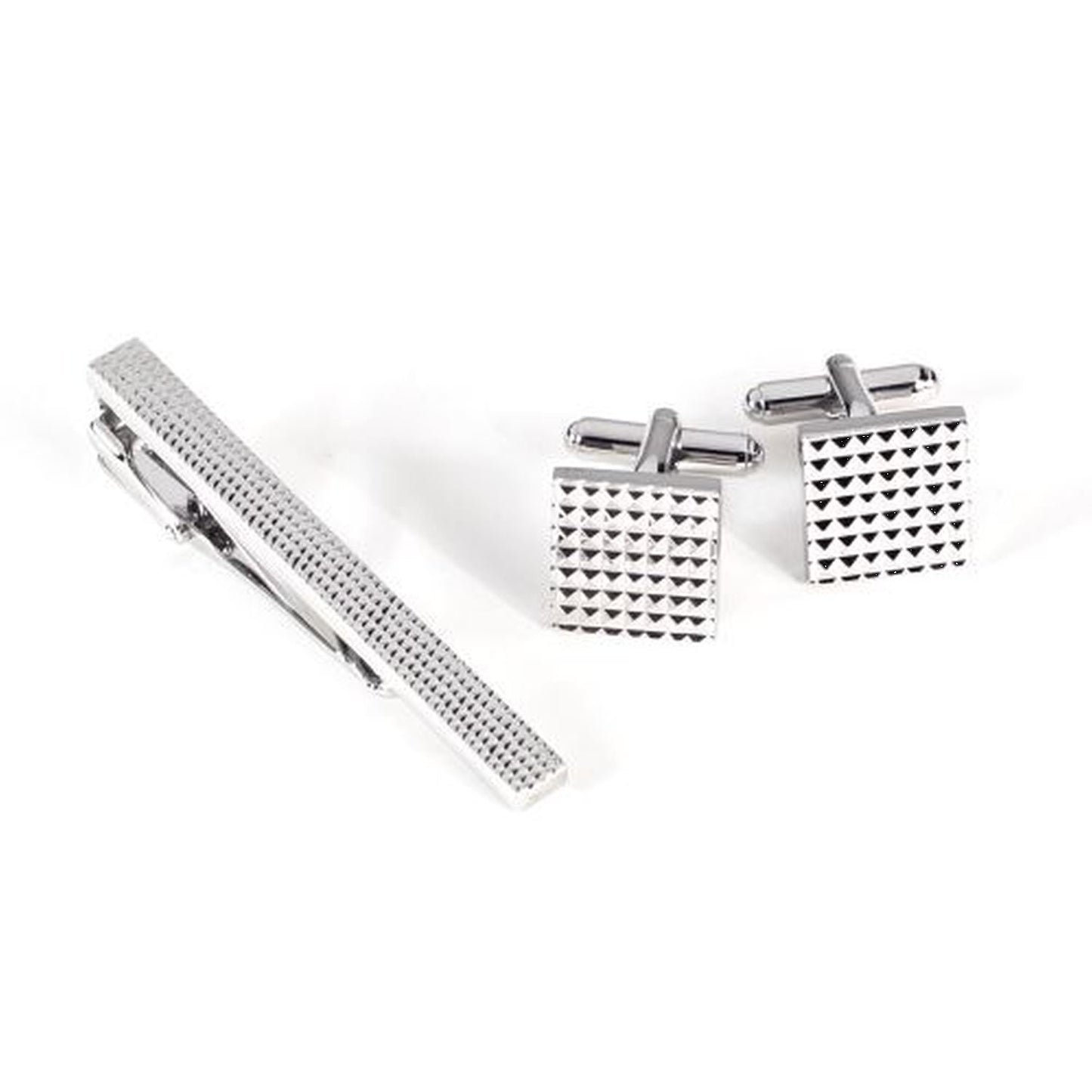 Rhodium Plated Checkered Design Cufflinks & Tie Pin Set