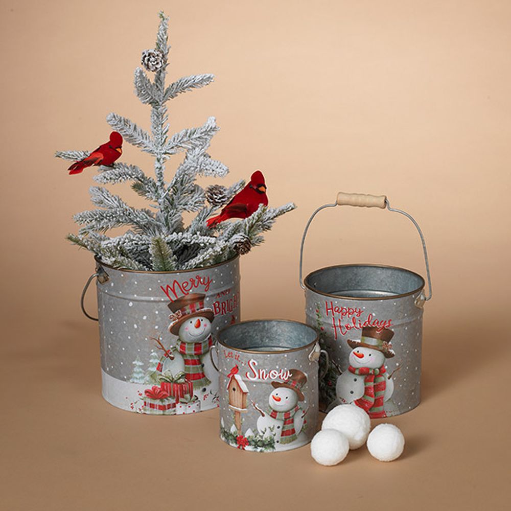 Gerson Company Set of 3 Metal Holiday Snowman Design Buckets